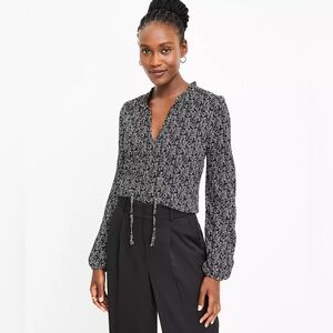 Ann Taylor LOFT Garden Ruffle Tie Neck Blouse  Long Sleeve Floral Stretch Large
